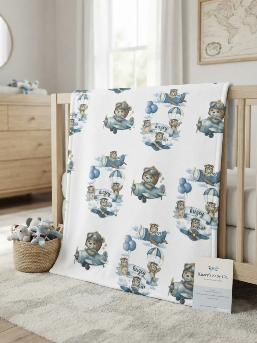 Blue Teddy Airplane Baby Blanket